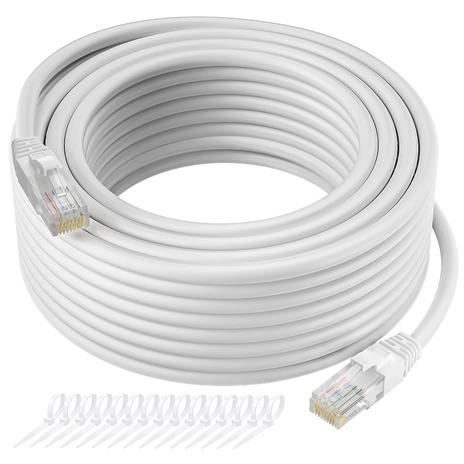 Cat5e Ethernet Cable 50 FT, Long Cat 5e Internet Cable, White Snagless Patch Cord, UV Resistant, Flexible, Network, LAN, PoE, Standard RJ45 Connector for PC, Server, Router, Modem, PS5 - with 15 Ties